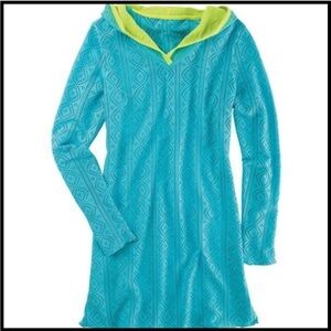 EUC Title Nine Amphib Hooded Tunic Coverup L Blue Green Perforated Mini Dress